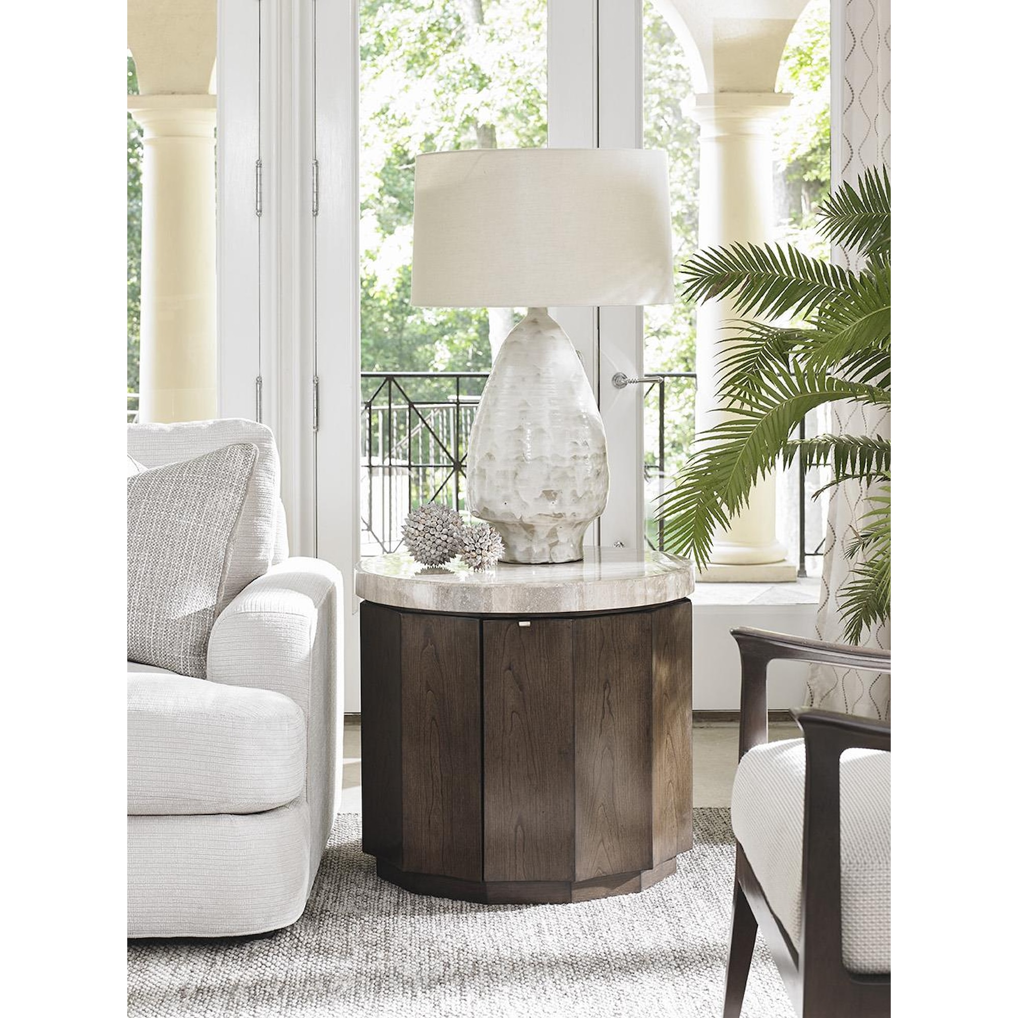Lexington LAUREL CANYON 721950 Glendora Drum Table with Travertine Top